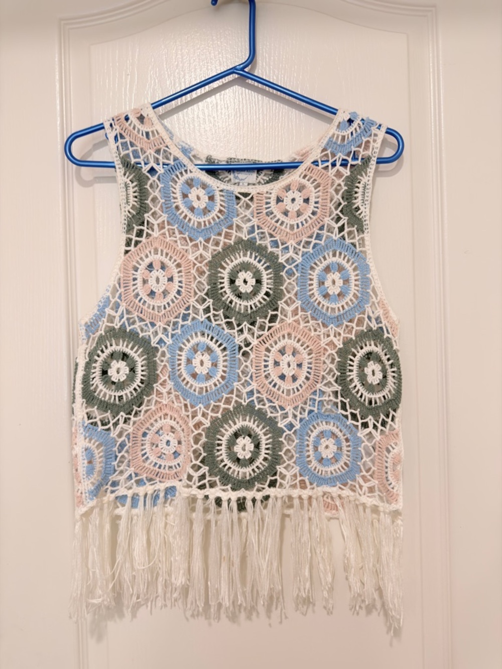 Crochet Fringe Tank Top Large Boho Sleeveless Festival Beach Cover Up